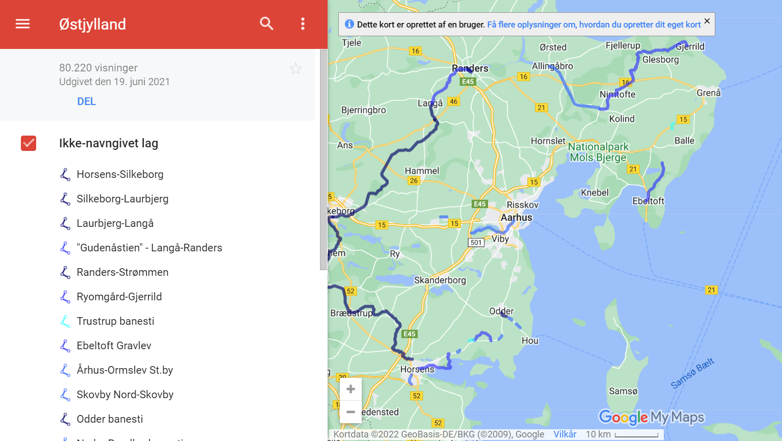 kort over banestier i Østjylland