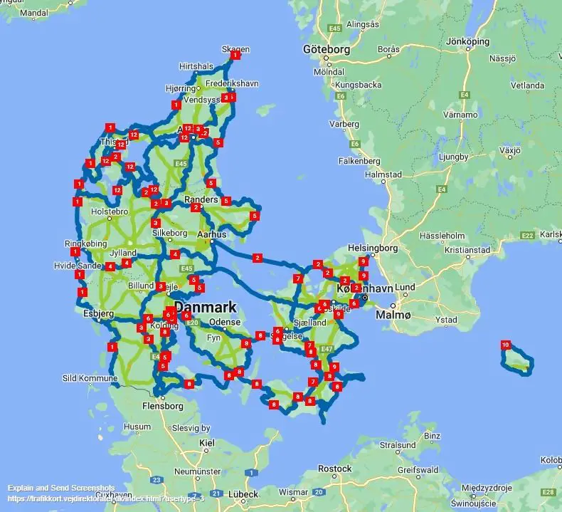 Vejdirektoratets cykelruter på Trafik.info